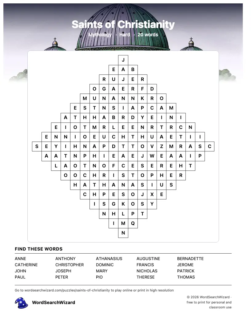 Saints of Christianity word search printable sheet, 20 words to find