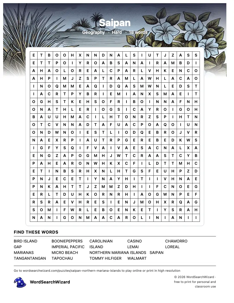 Saipan word search printable sheet, 18 words to find