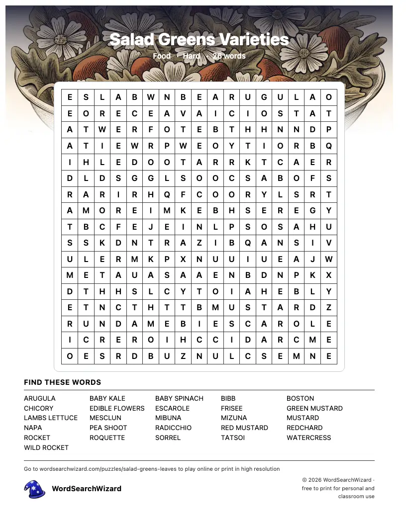 Salad Greens Varieties word search printable sheet, 26 words to find