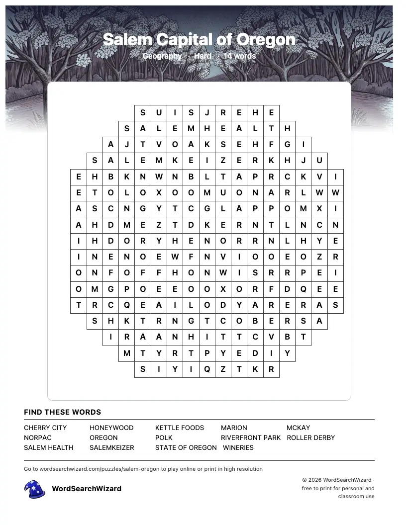 Salem Capital of Oregon word search printable sheet, 14 words to find