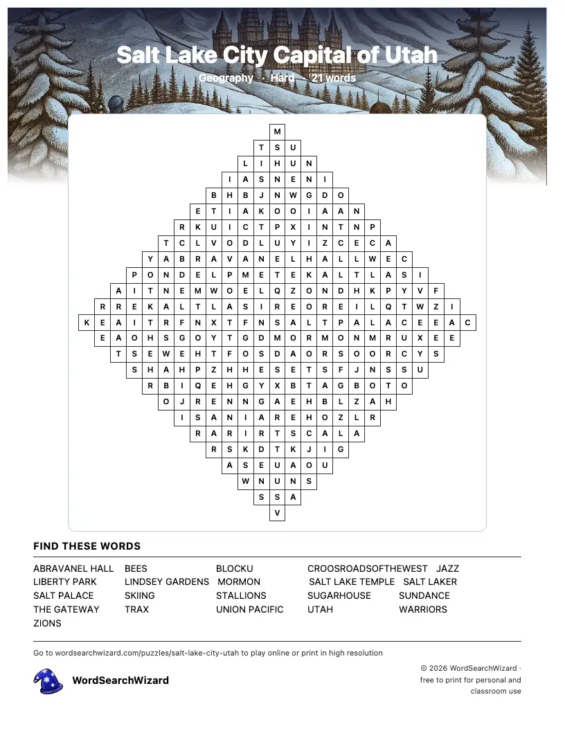 Salt Lake City Capital of Utah word search printable sheet, 21 words to find