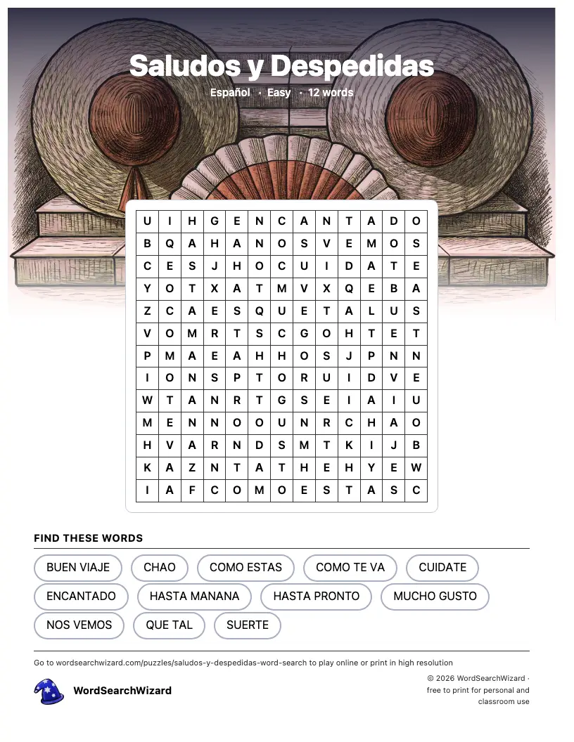 Saludos y Despedidas word search printable sheet, 12 words to find
