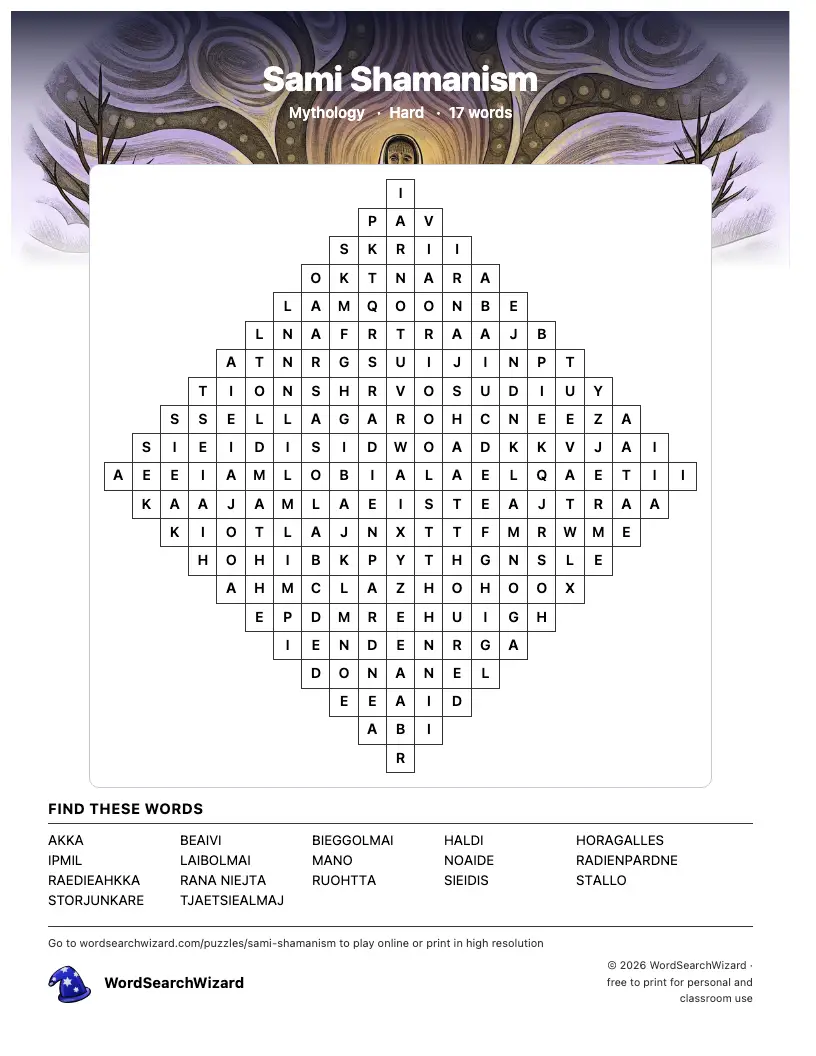 Sami Shamanism word search printable sheet, 17 words to find