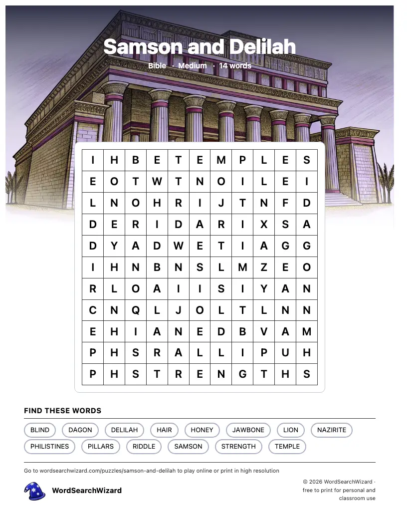 Samson and Delilah word search printable sheet, 14 words to find