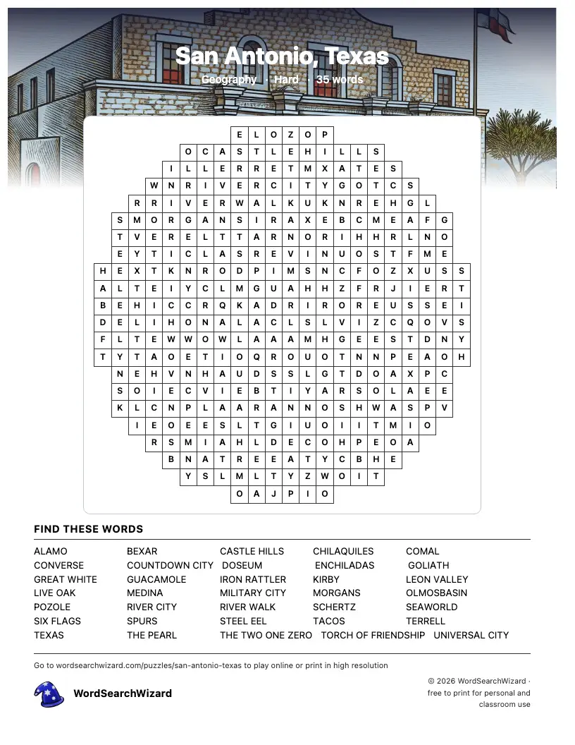 San Antonio, Texas word search printable sheet, 35 words to find