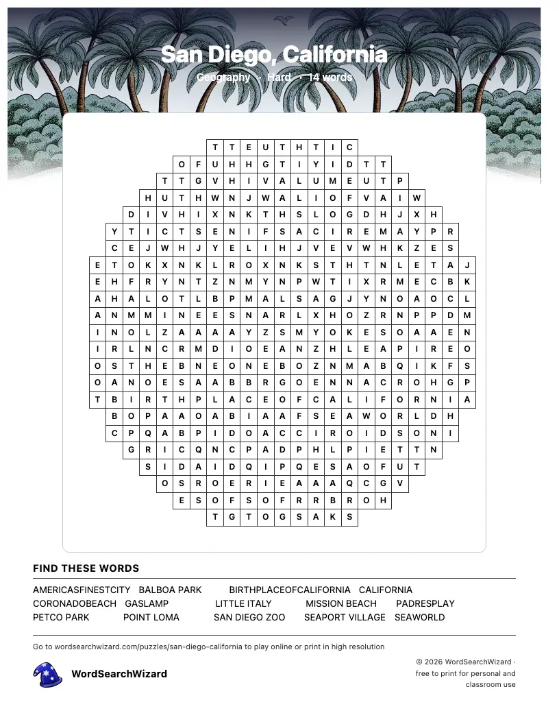 San Diego, California word search printable sheet, 14 words to find