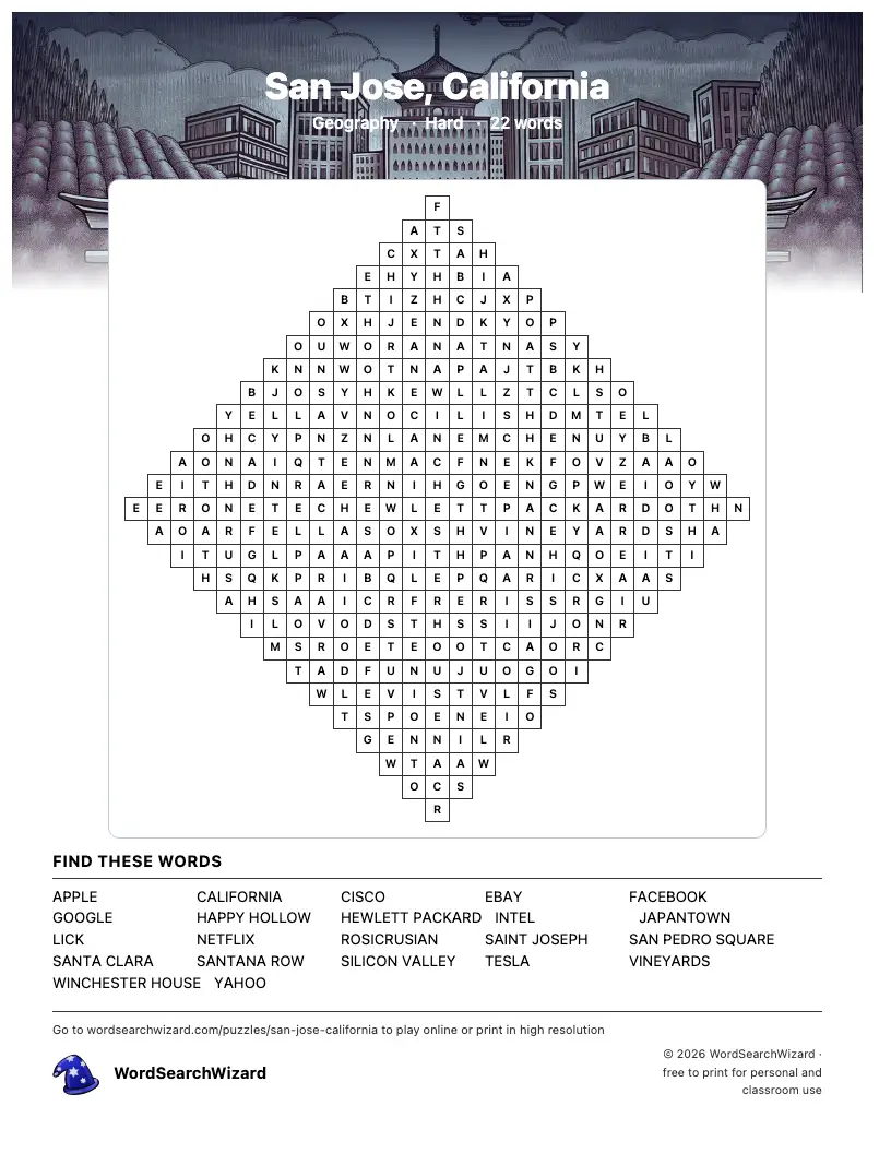 San Jose, California word search printable sheet, 22 words to find