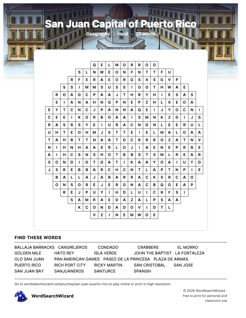 San Juan Capital of Puerto Rico word search printable sheet, 23 words to find
