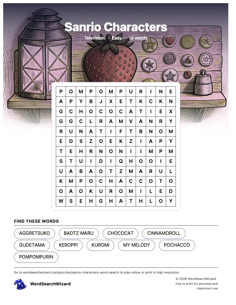 Sanrio Characters word search printable sheet, 10 words to find