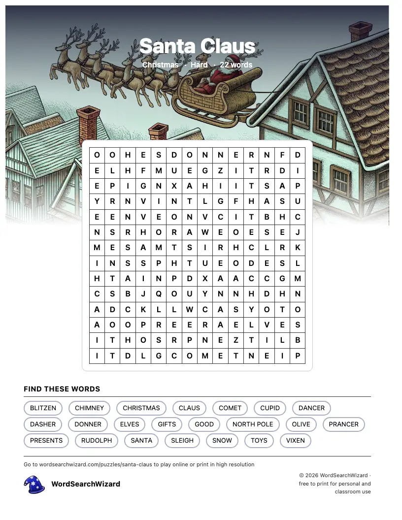 Santa Claus word search printable sheet, 22 words to find