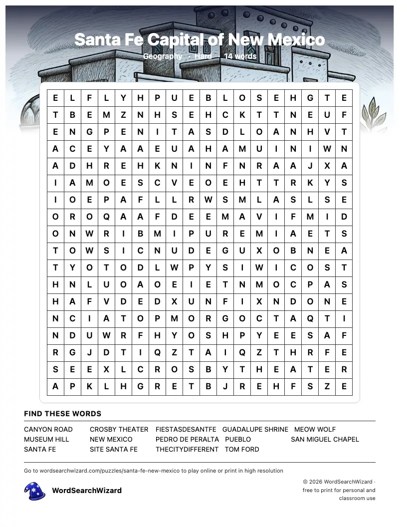 Santa Fe Capital of New Mexico word search printable sheet, 14 words to find