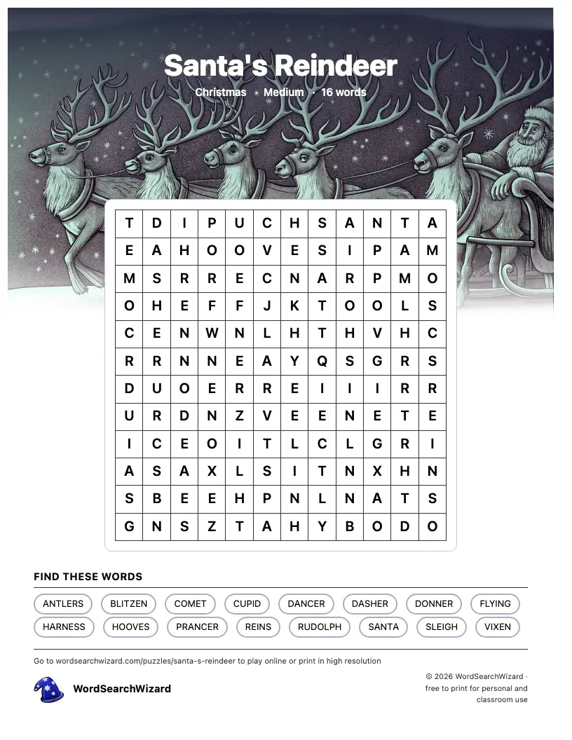 Santa's Reindeer word search printable sheet, 16 words to find