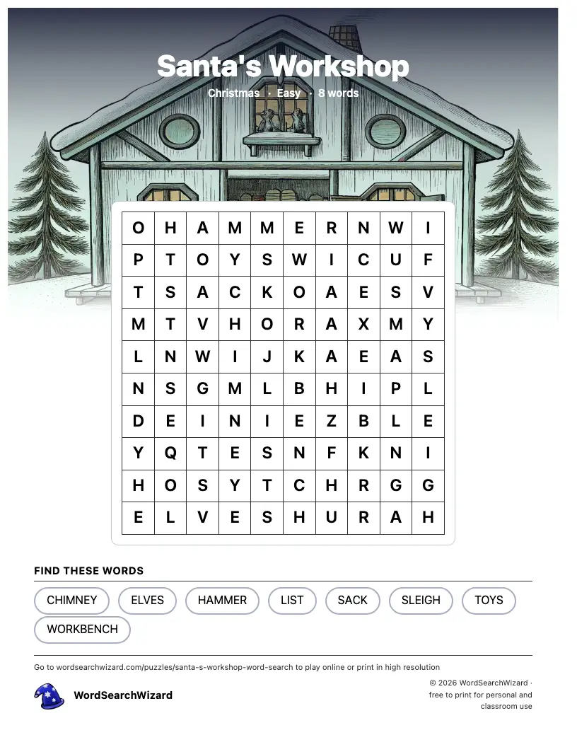 Santa's Workshop word search printable sheet, 8 words to find