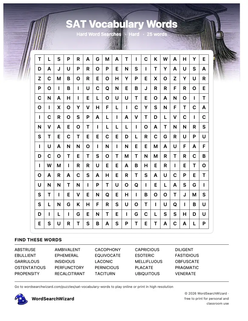 SAT Vocabulary Words word search printable sheet, 25 words to find