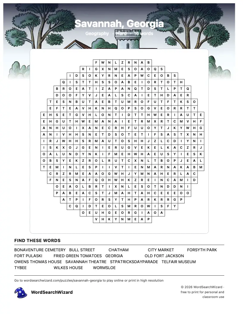 Savannah, Georgia word search printable sheet, 16 words to find