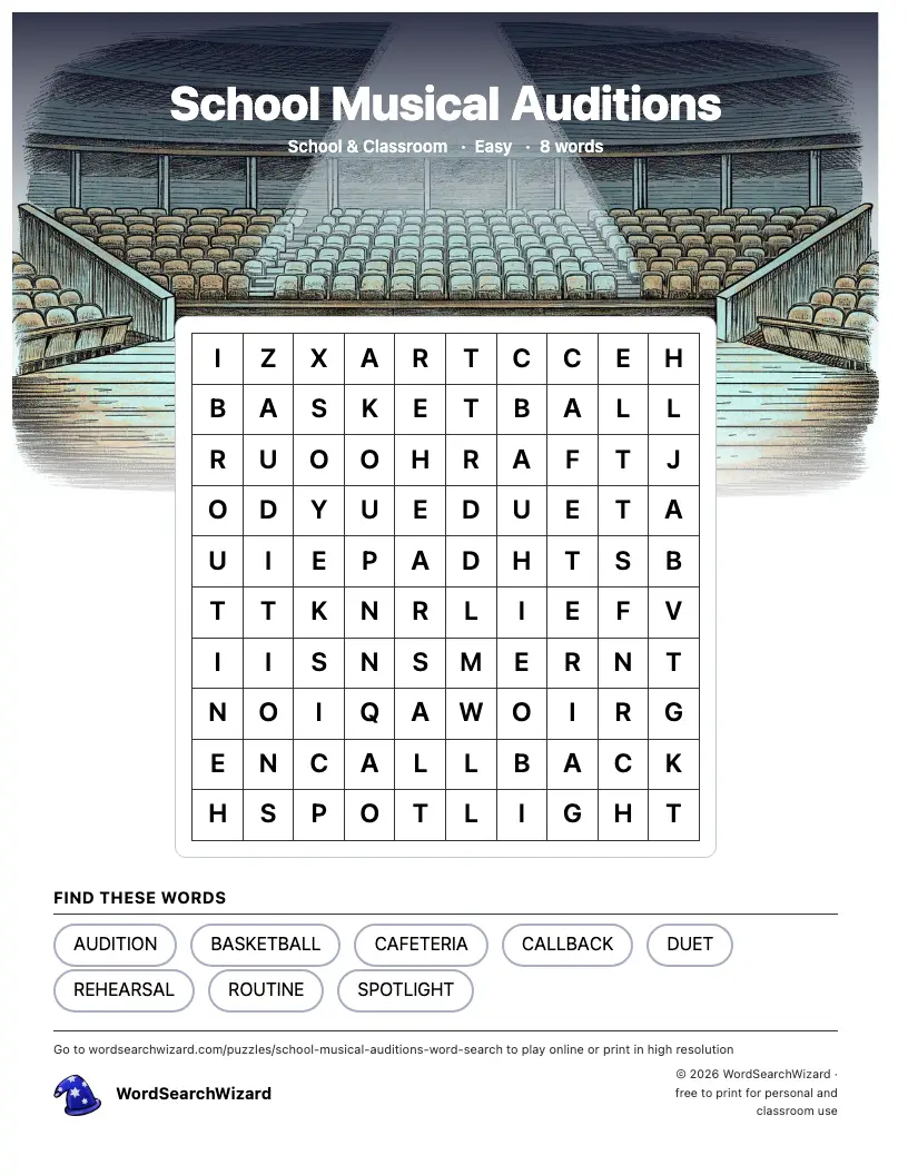 School Musical Auditions word search printable sheet, 8 words to find