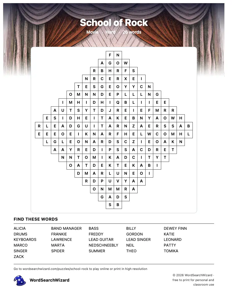 School of Rock word search printable sheet, 26 words to find