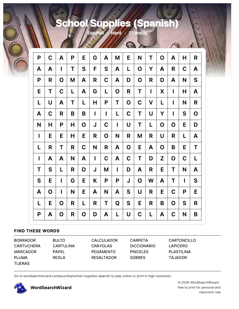 School Supplies (Spanish) word search printable sheet, 21 words to find