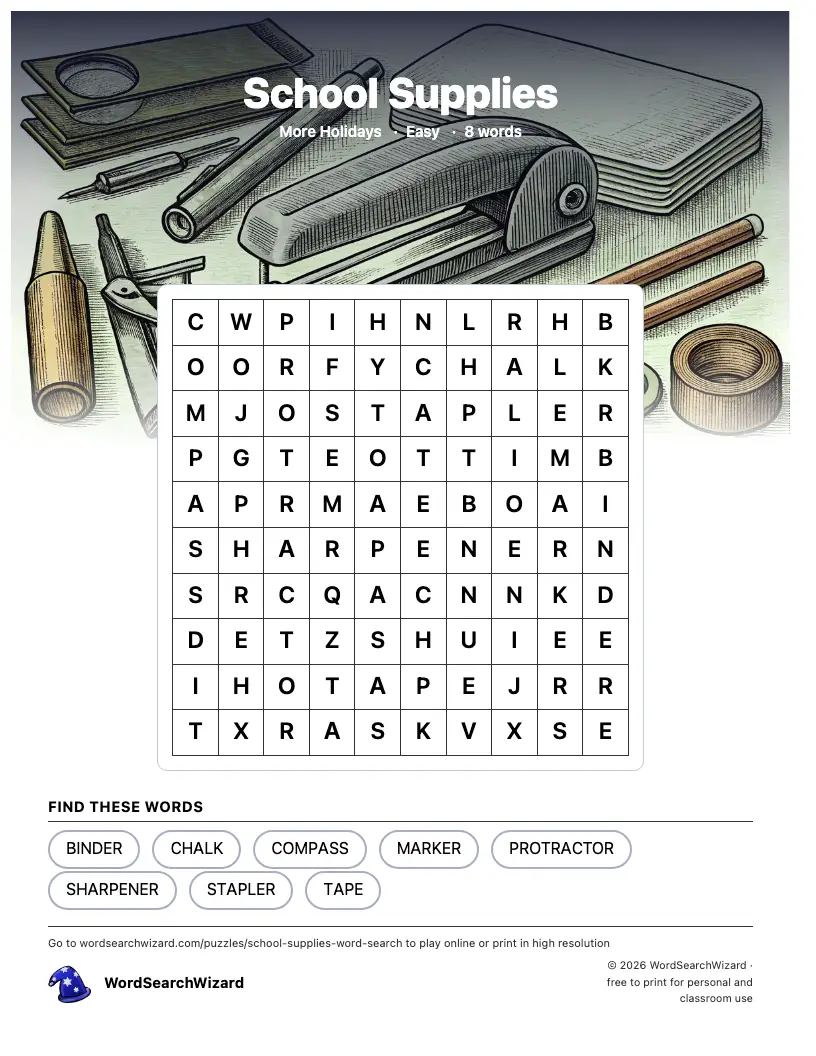 School Supplies word search printable sheet, 8 words to find