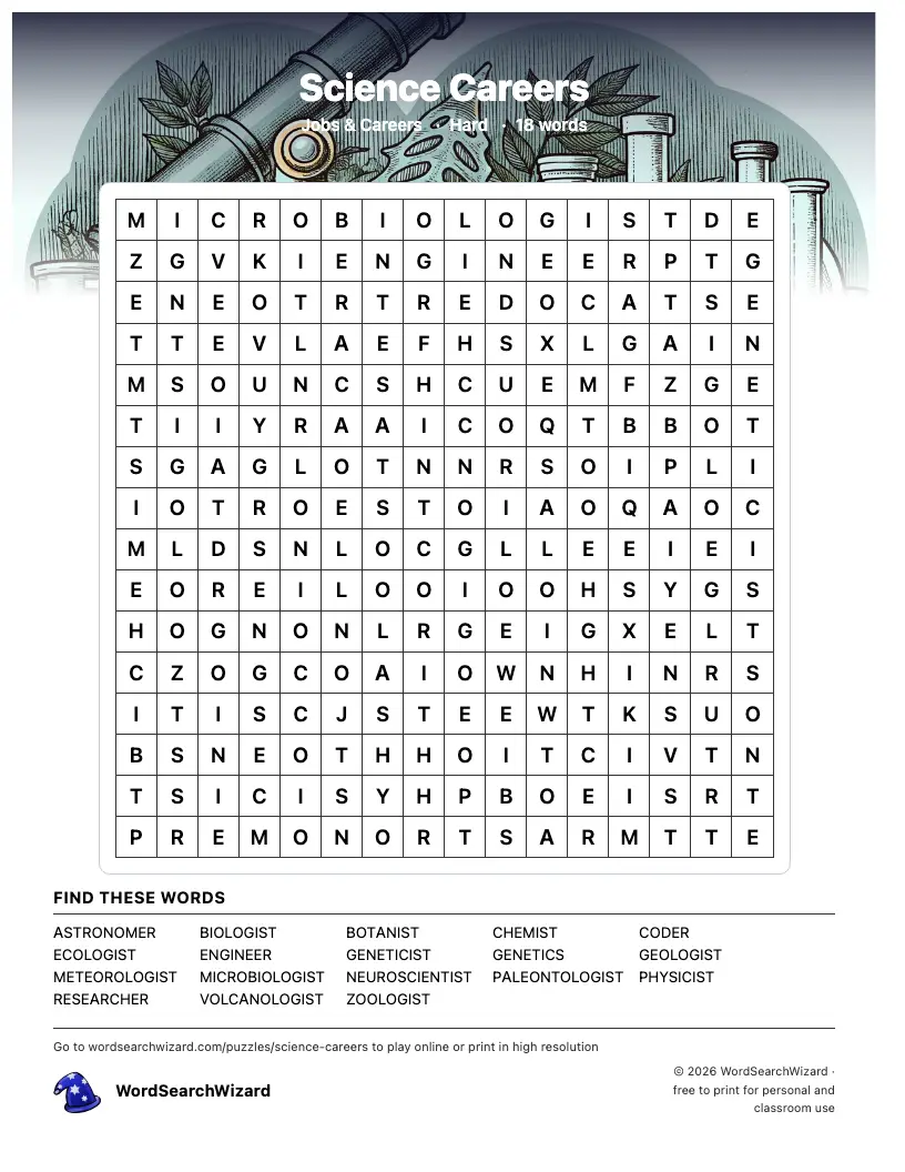 Science Careers word search printable sheet, 18 words to find