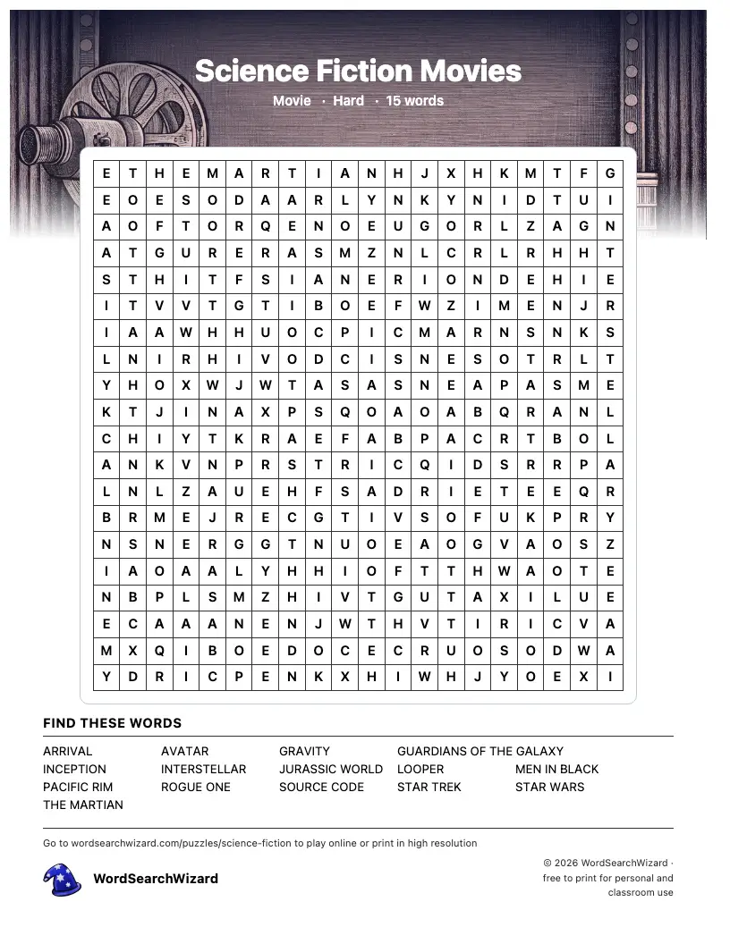 Science Fiction Movies word search printable sheet, 15 words to find