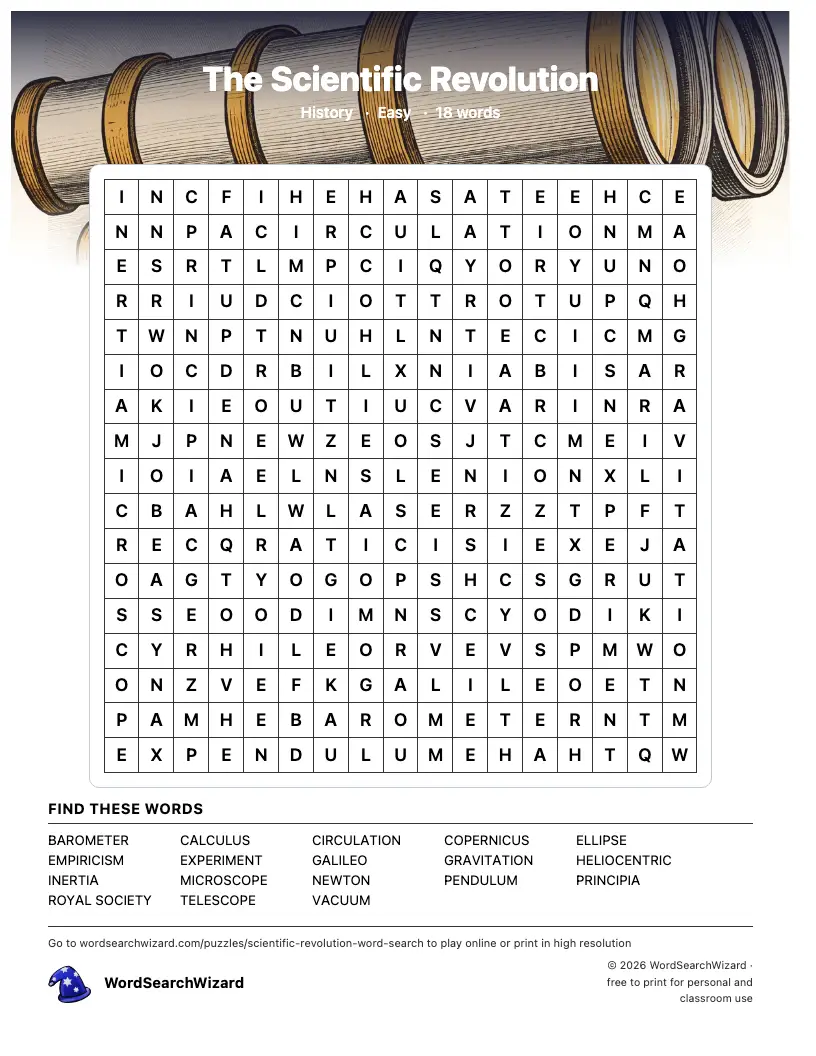 The Scientific Revolution word search printable sheet, 18 words to find