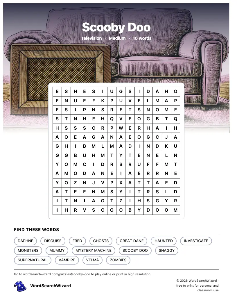 Scooby Doo word search printable sheet, 16 words to find