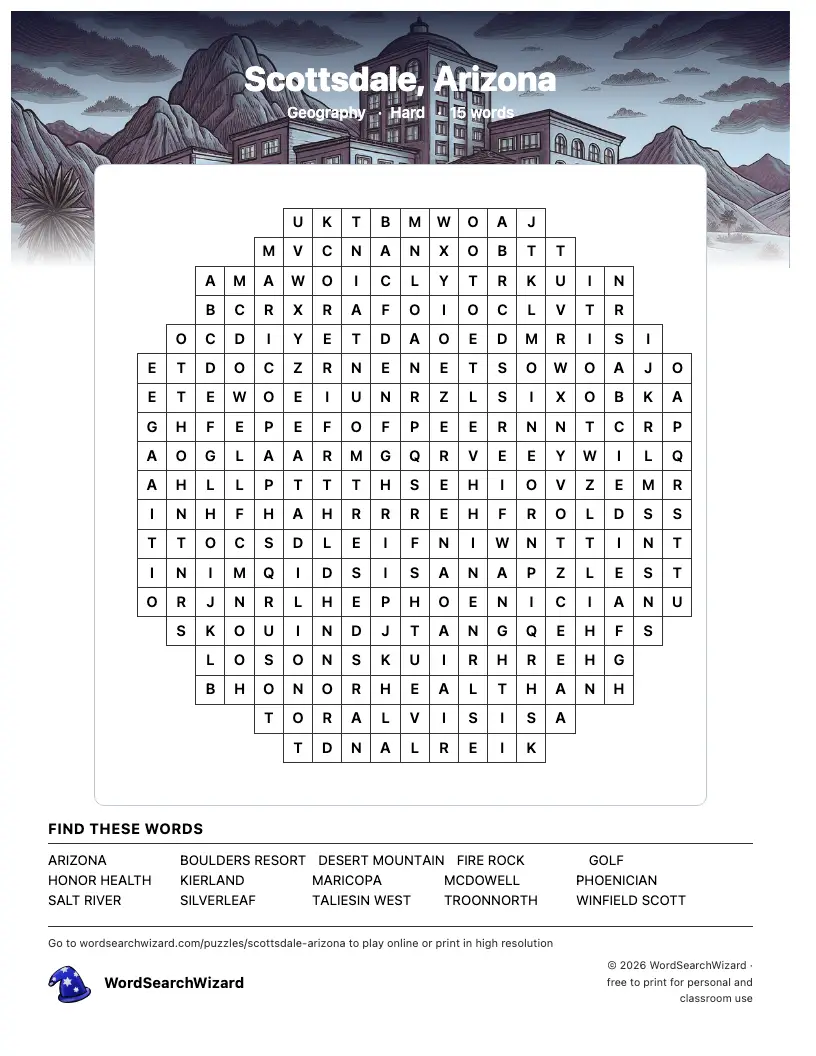Scottsdale, Arizona word search printable sheet, 15 words to find