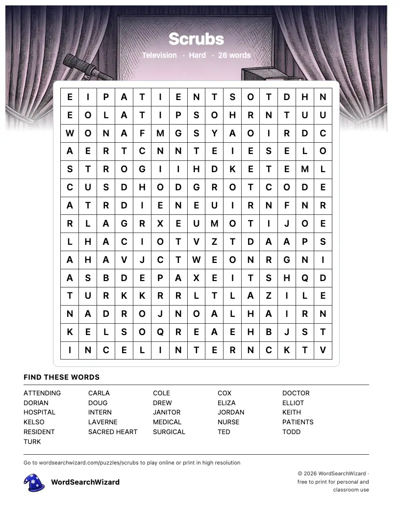 Scrubs word search printable sheet, 26 words to find