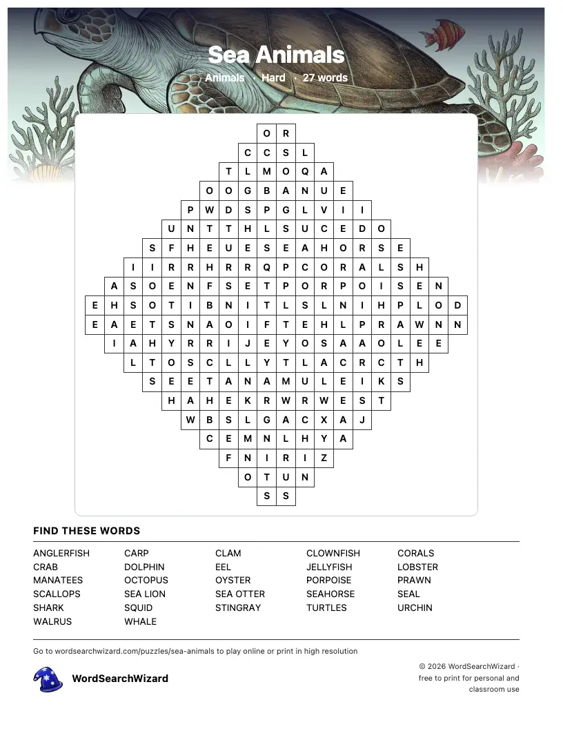 Sea Animals word search printable sheet, 27 words to find