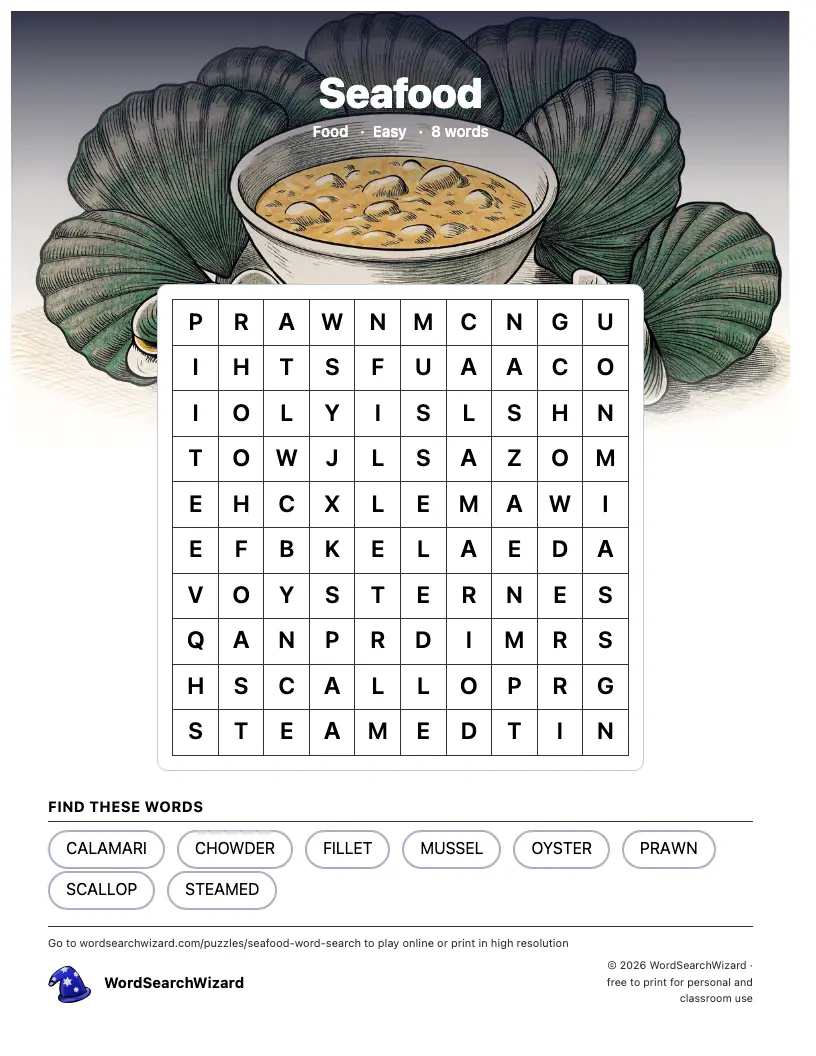 Seafood word search printable sheet, 8 words to find