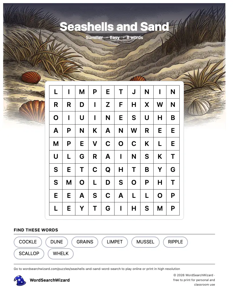 Seashells and Sand word search printable sheet, 8 words to find