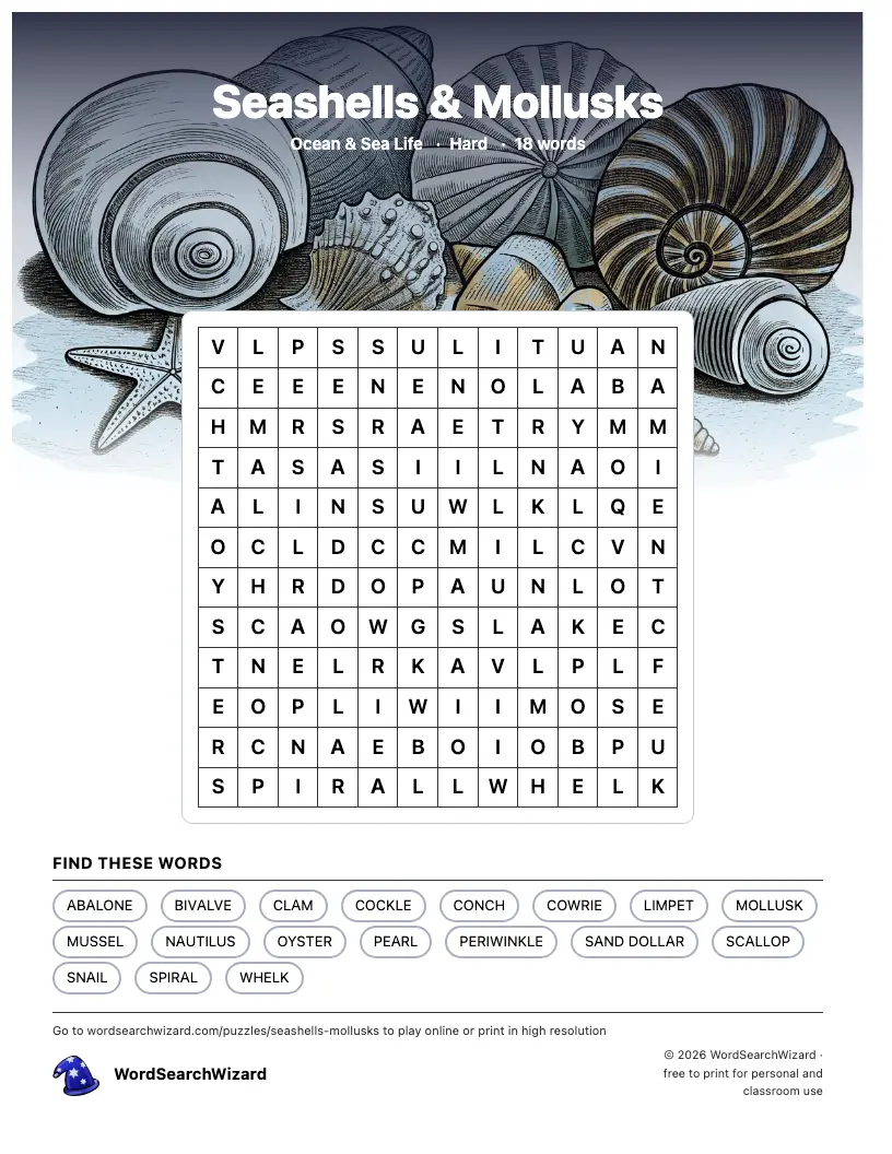 Seashells & Mollusks word search printable sheet, 18 words to find