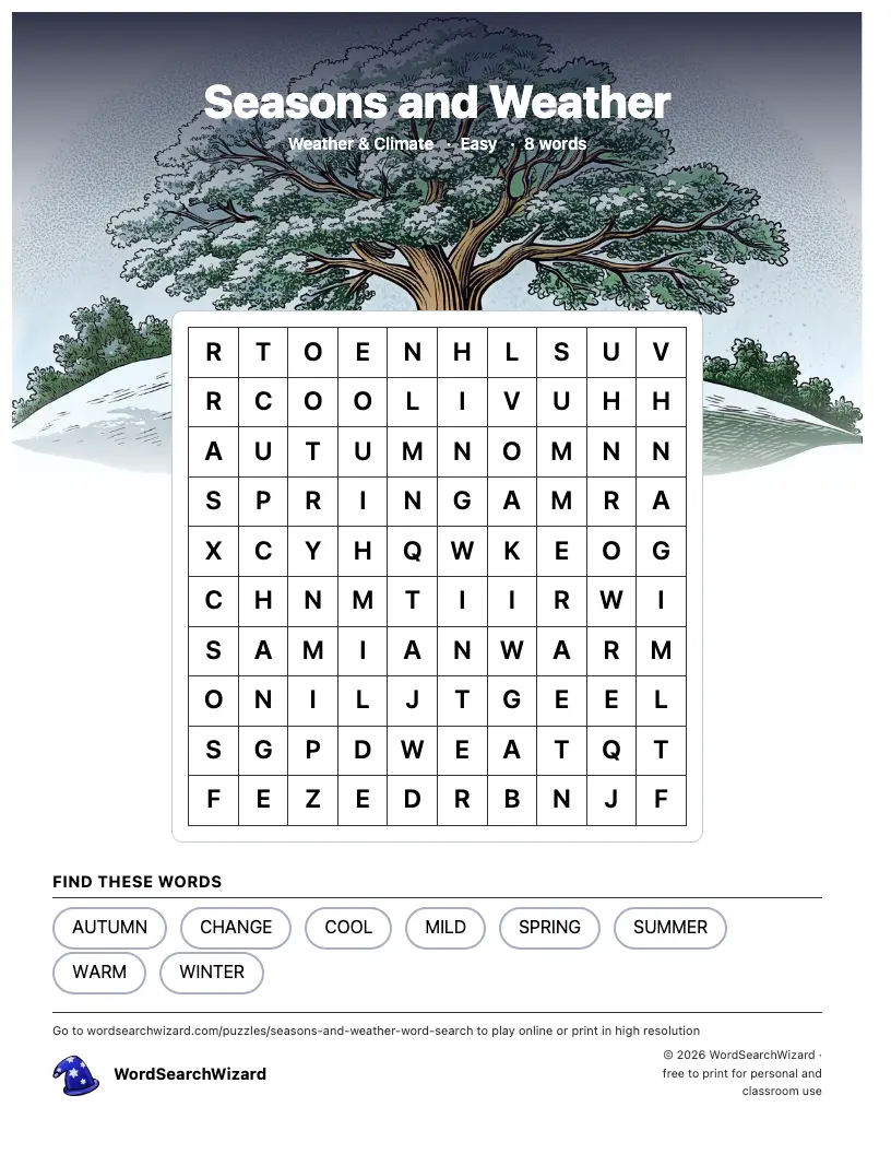 Seasons and Weather word search printable sheet, 8 words to find