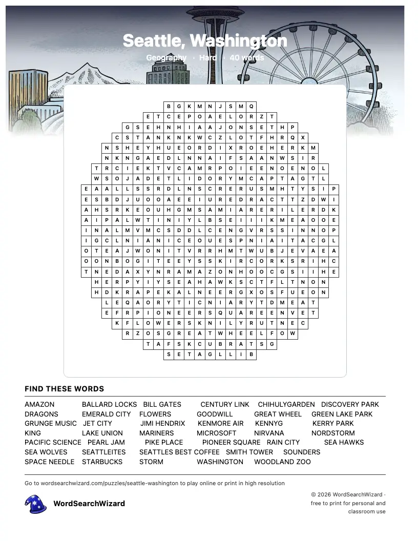 Seattle, Washington word search printable sheet, 40 words to find