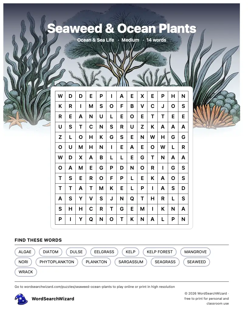 Seaweed & Ocean Plants word search printable sheet, 14 words to find