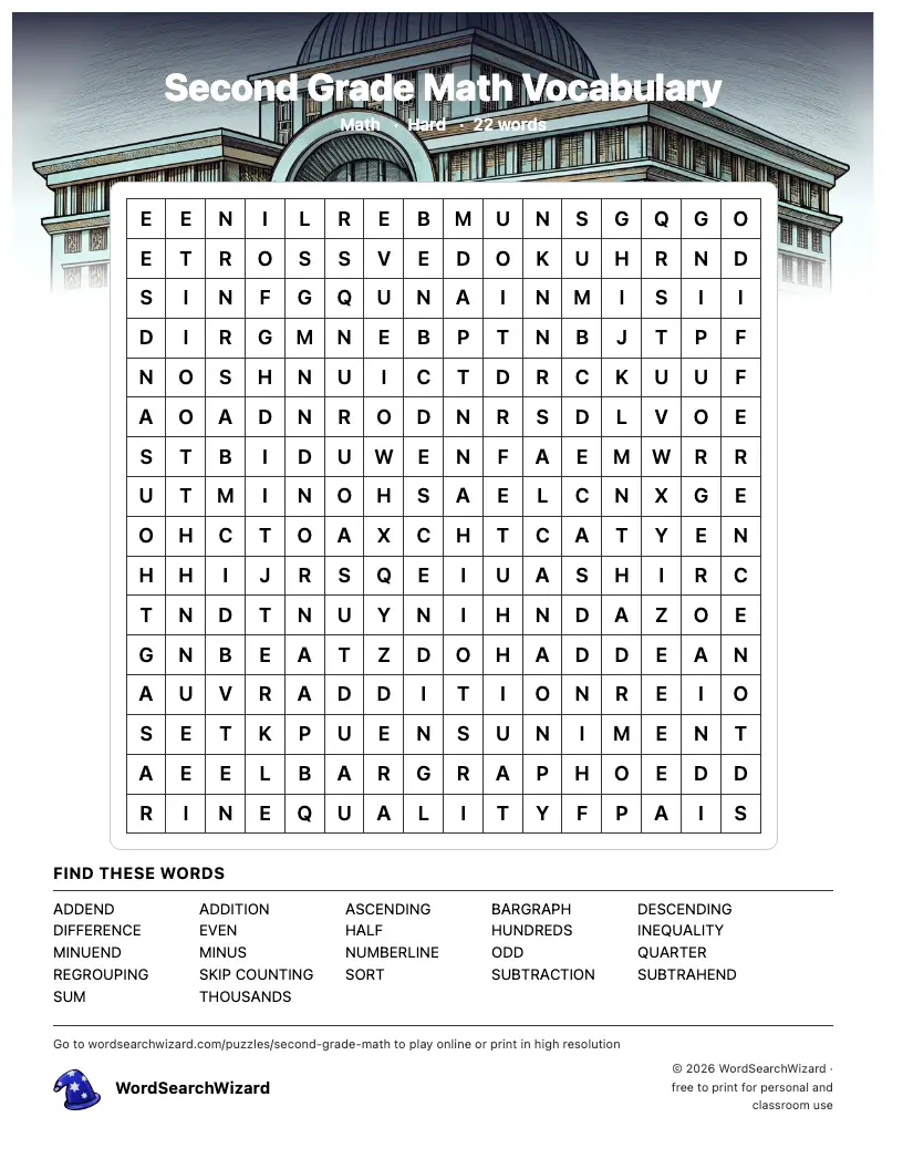 Second Grade Math Vocabulary word search printable sheet, 22 words to find