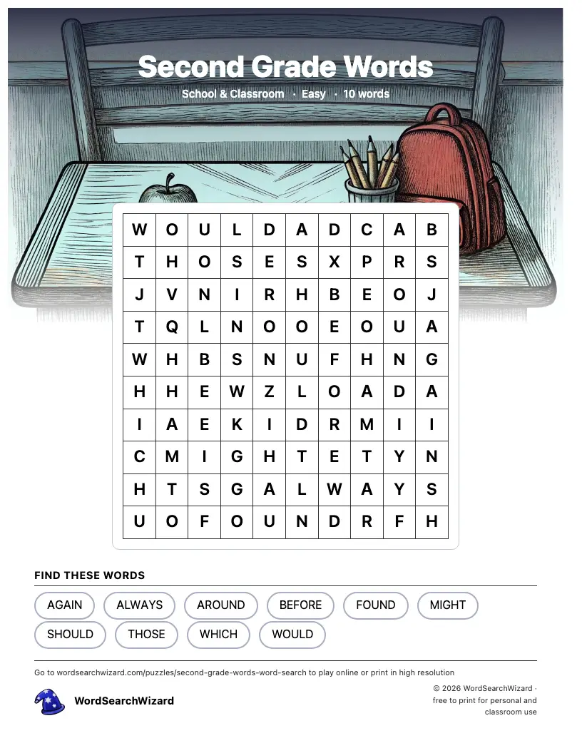 Second Grade Words word search printable sheet, 10 words to find
