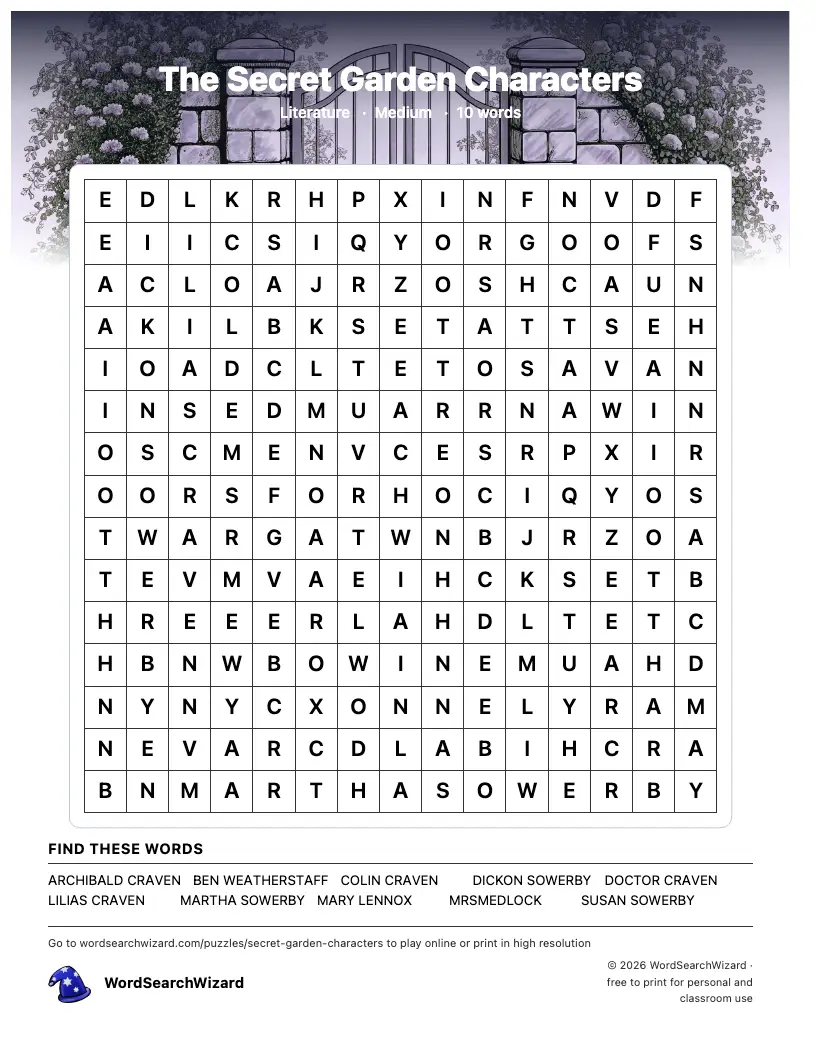 The Secret Garden Characters word search printable sheet, 10 words to find