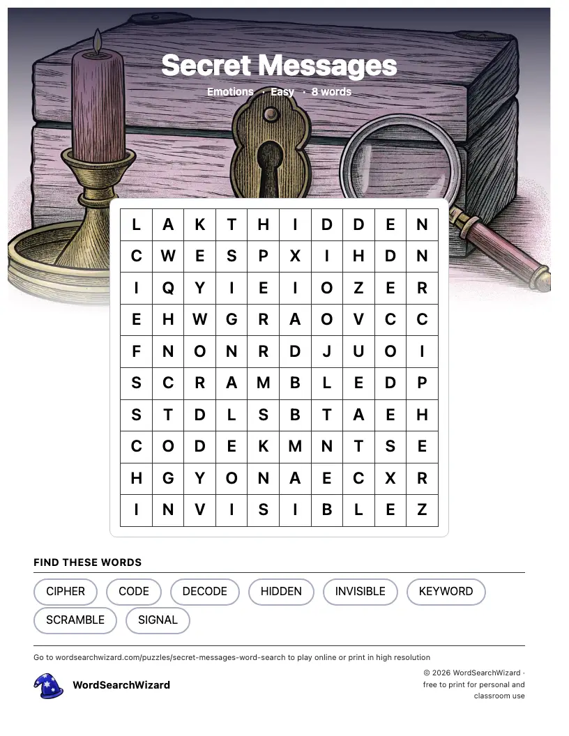 Secret Messages word search printable sheet, 8 words to find