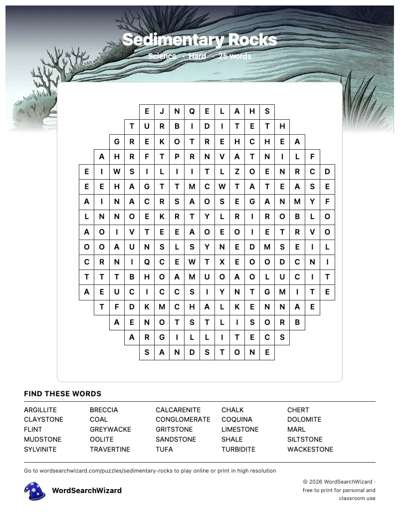 Sedimentary Rocks word search printable sheet, 25 words to find