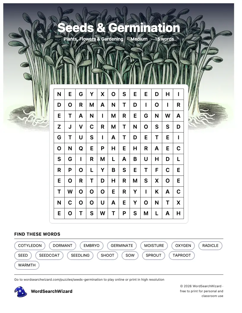 Seeds & Germination word search printable sheet, 15 words to find