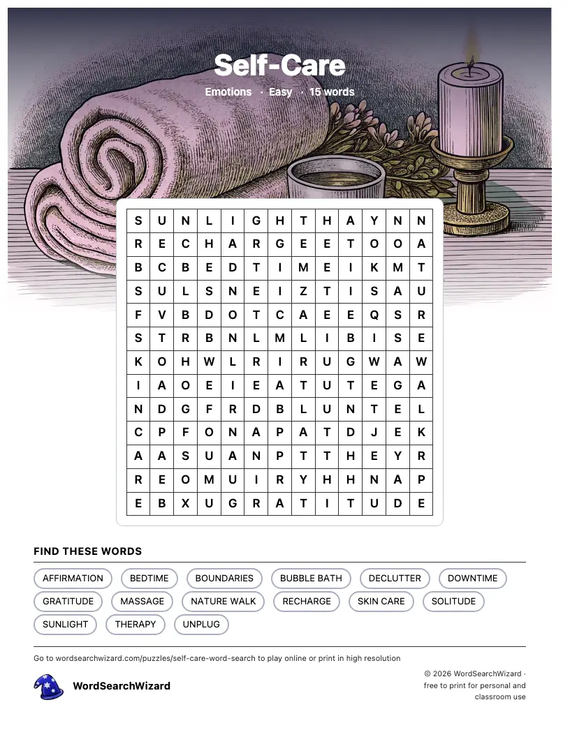 Self-Care word search printable sheet, 15 words to find