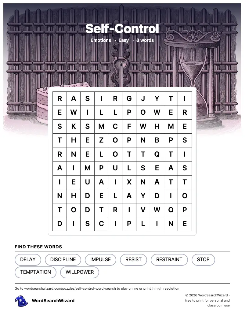 Self-Control word search printable sheet, 8 words to find
