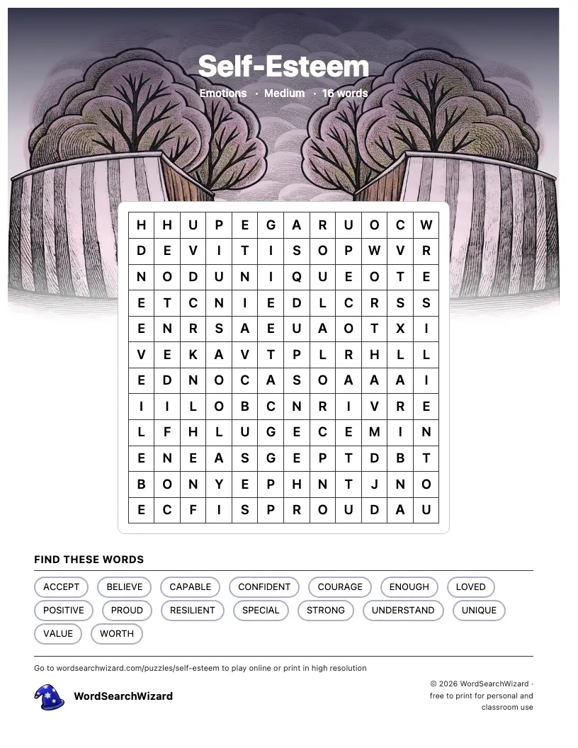 Self-Esteem word search printable sheet, 16 words to find