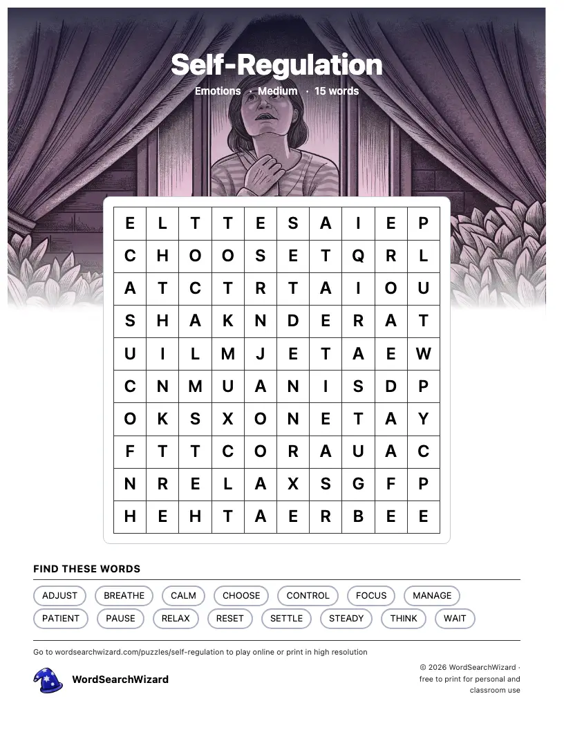 Self-Regulation word search printable sheet, 15 words to find