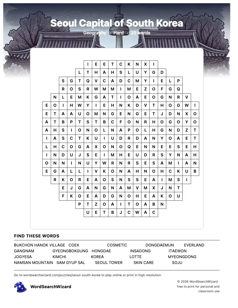 Seoul Capital of South Korea word search printable sheet, 20 words to find
