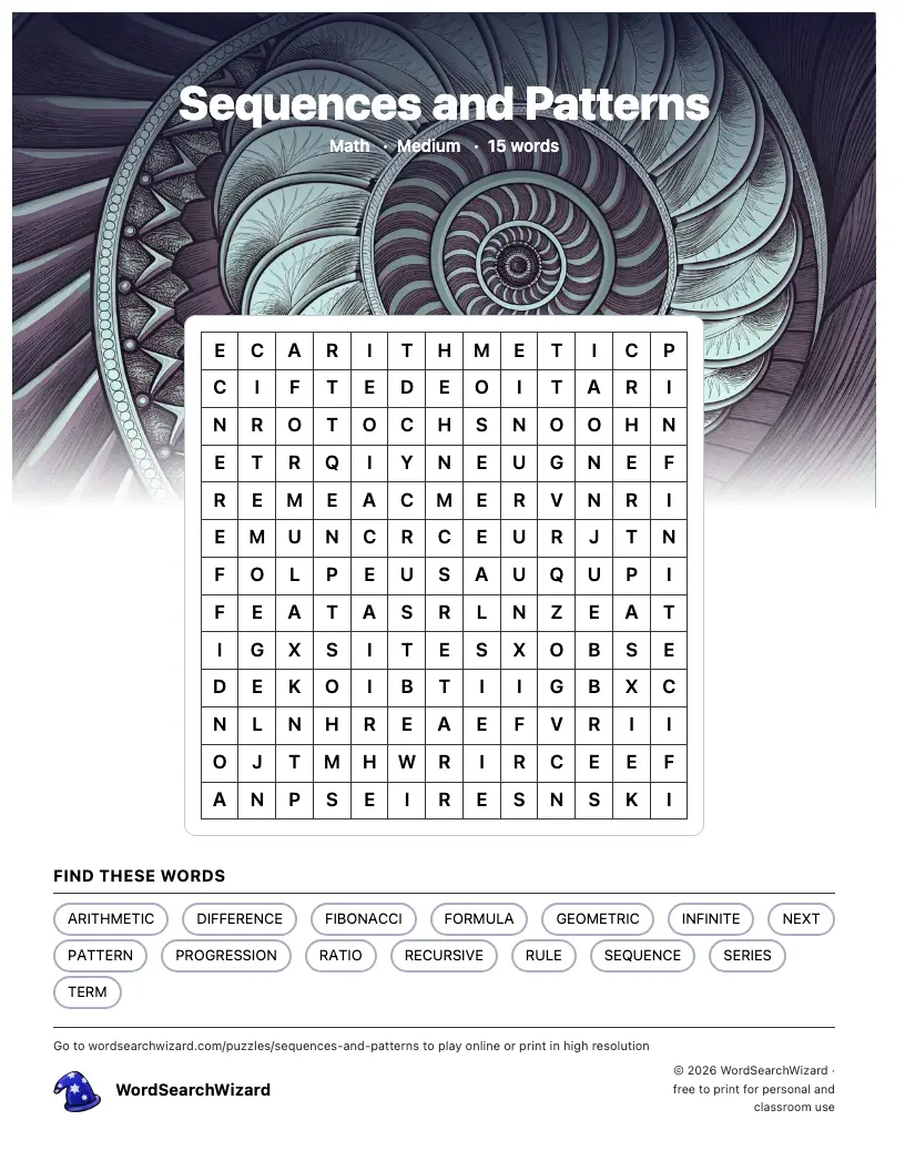 Sequences and Patterns word search printable sheet, 15 words to find