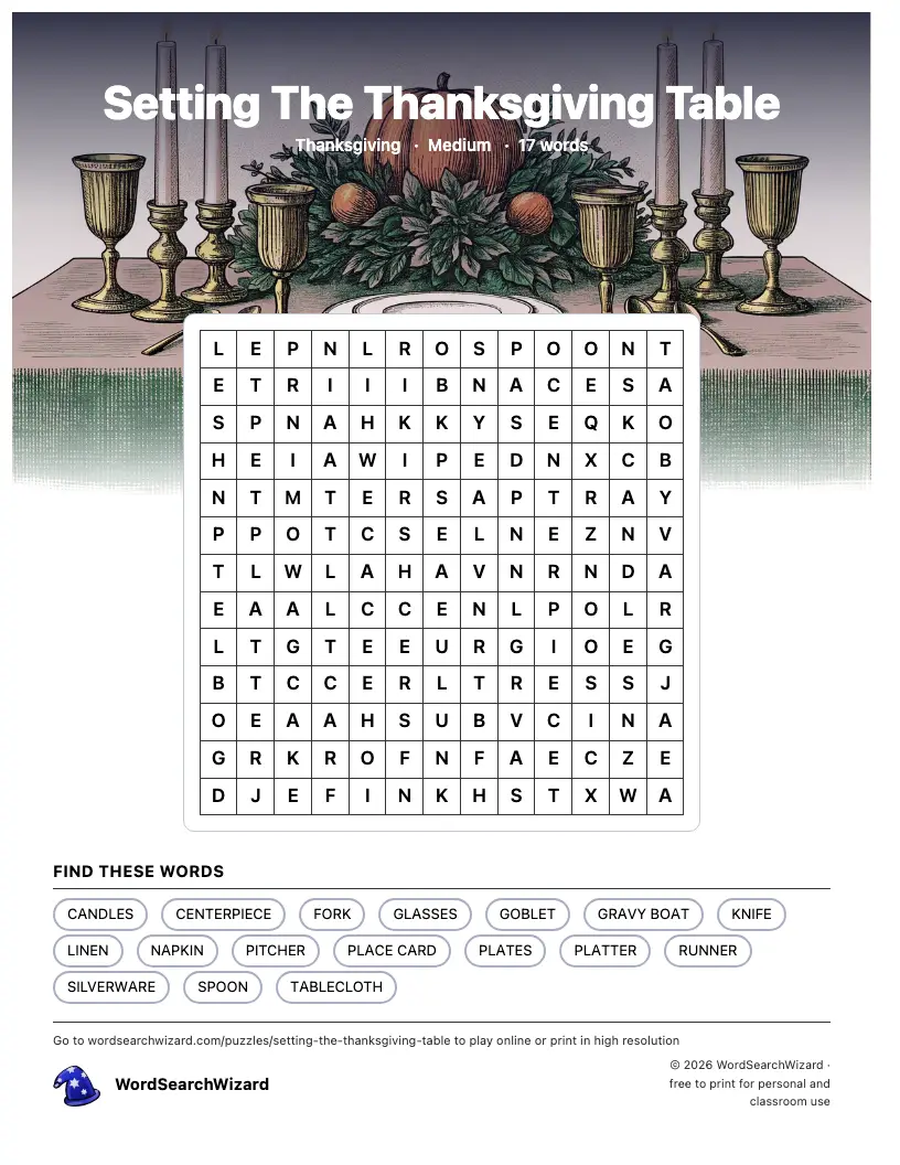 Setting The Thanksgiving Table word search printable sheet, 17 words to find