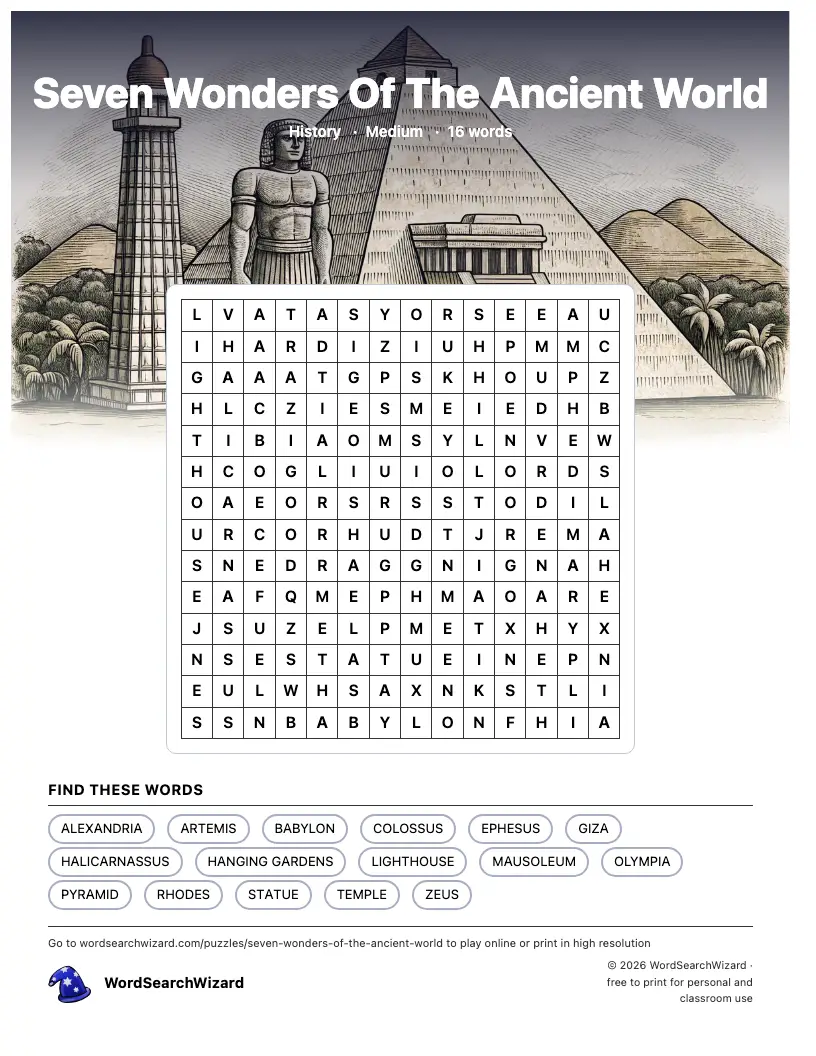 Seven Wonders Of The Ancient World word search printable sheet, 16 words to find